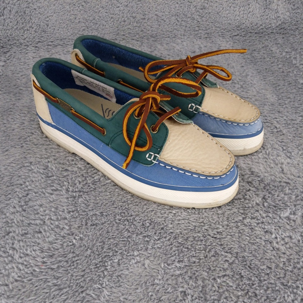 Bass‎ Boat Shoes Colorblock Washable Size 7M Wide Width Leather Blue Green Beige